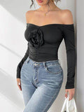 Perfee Ruched Flower Off-Shoulder Long Sleeve Bodysuit - Hovatok