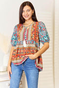 Devine Bohemian Tassel Tie Puff Sleeve Babydoll Blouse - Hovatok