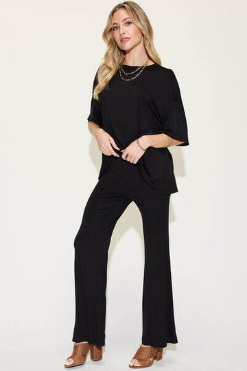 Basic Bae Full Size Bamboo Drop Shoulder T-Shirt and Flare Pants Set - Hovatok