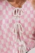Double Take Tied Checkered Dropped Shoulder Flounce Sleeve Cardigan - Hovatok
