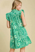 Umgee Full Size Printed Ruffle Cap Sleeve Babydoll Dress Plus Size - Hovatok