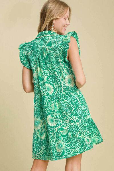 Umgee Full Size Printed Ruffle Cap Sleeve Babydoll Dress Plus Size - Hovatok