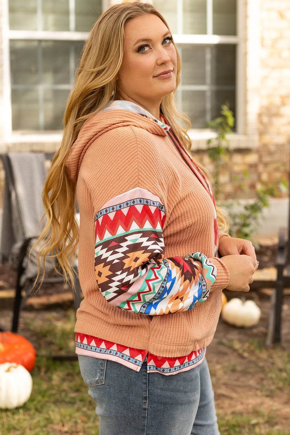 Plus Size Drawstring Geometric Long Sleeve Hoodie - Hovatok