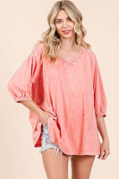 Mittoshop Mineral Wash V-Neck Raglan A-Line Relaxed Top - Hovatok
