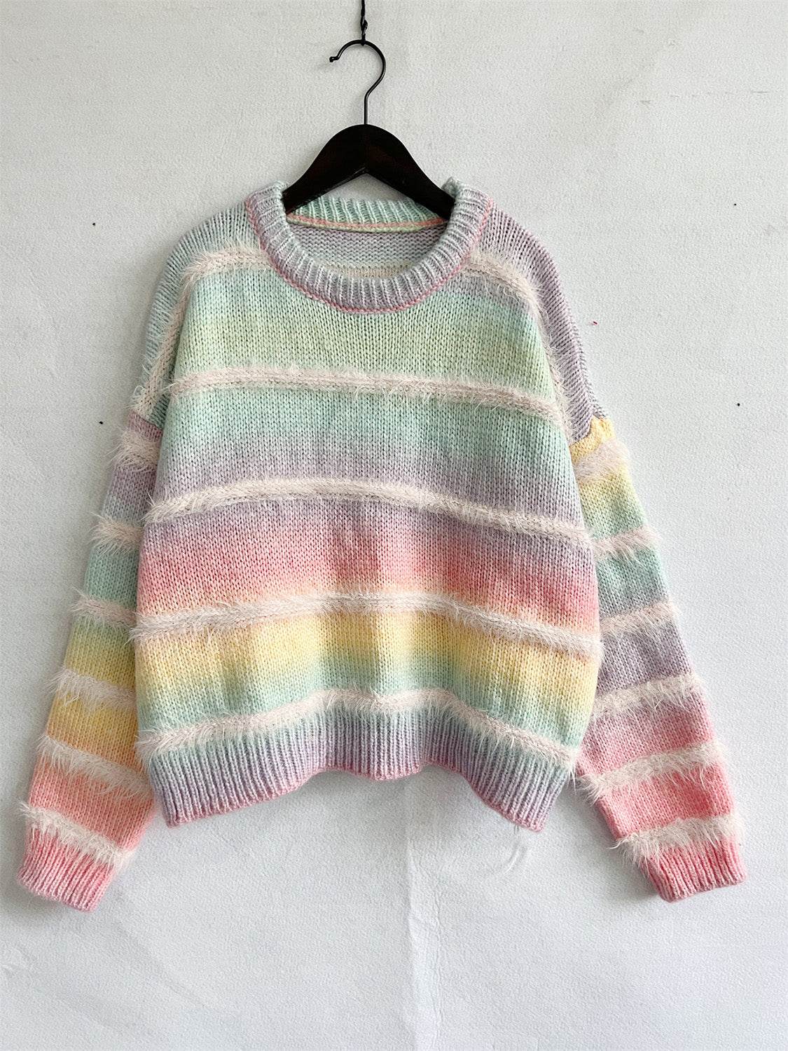 Striped Round Neck Long Sleeve Sweater - Hovatok