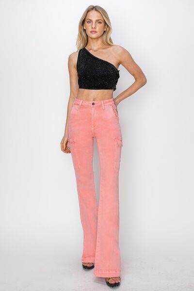 RISEN Full Size High Rise Side Slit Cargo Bootcut Jeans - Hovatok