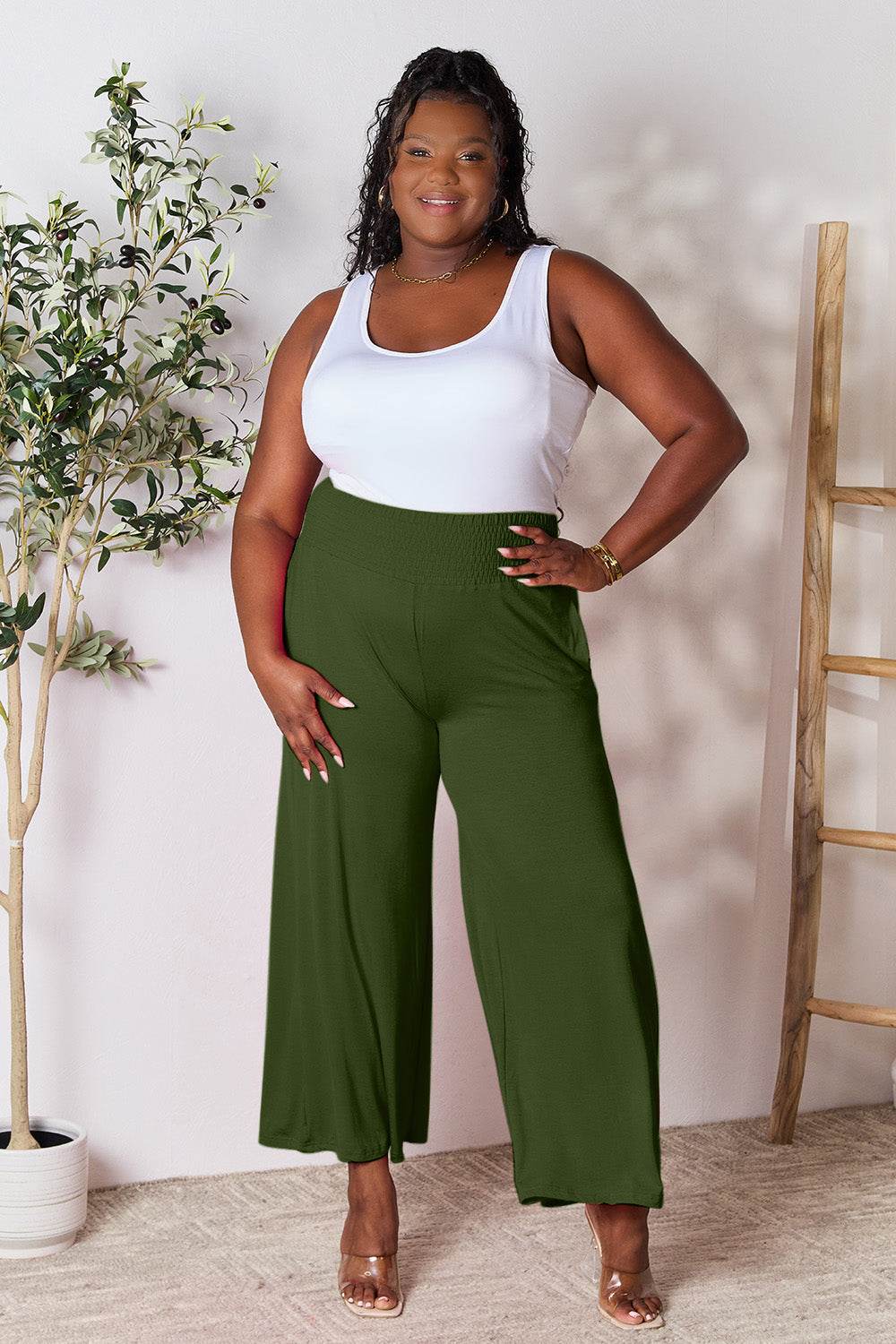 Basic Bae Full Size Smocked Wide Waistband Wide Leg Pants - Hovatok