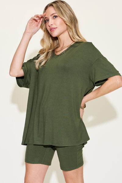 Basic Bae Full Size V-Neck Drop Shoulder T-Shirt and Shorts Set - Hovatok