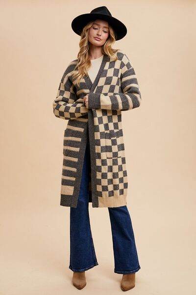 Annie Wear Checkered & Striped Open Front Long Sleeve Cardigan - Hovatok