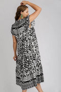 Umgee Full Size Two Tone Border Print Ruffle Cap Sleeve Midi Dress Plus Size - Hovatok