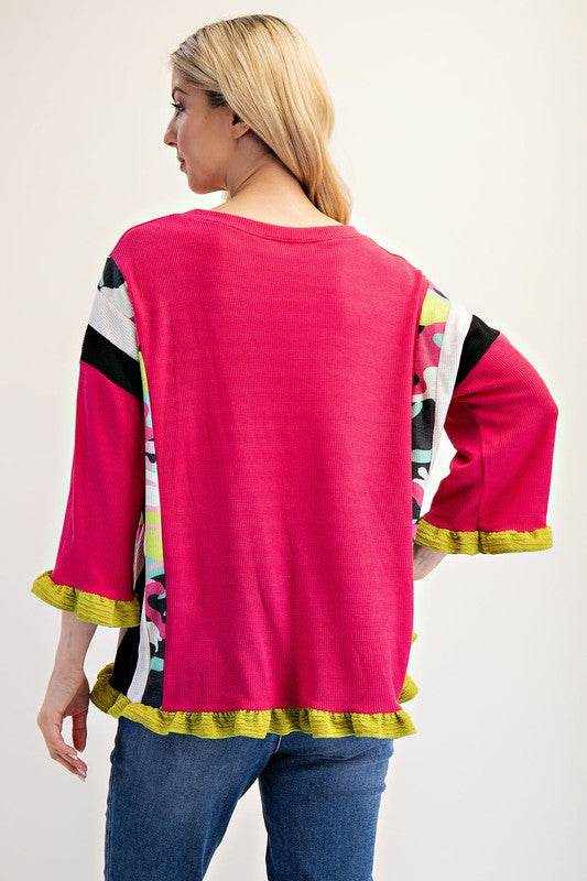 Celeste Full Size Ruffle Sleeve Color Block Top Plus Size - Hovatok