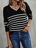 Angel Wings Striped V-Neck Drop Shoulder Sweater - Hovatok
