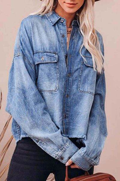 Collared Neck Raw Hem Long Sleeve Denim Shirt - Hovatok