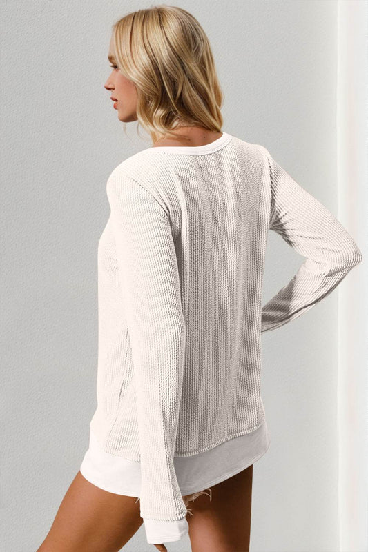 Double Take Corded Rib Thumbhole Cuff Round Neck T-Shirt - Hovatok