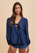 Annie Wear Tie Front Peplum Long Sleeve Denim Top - Hovatok