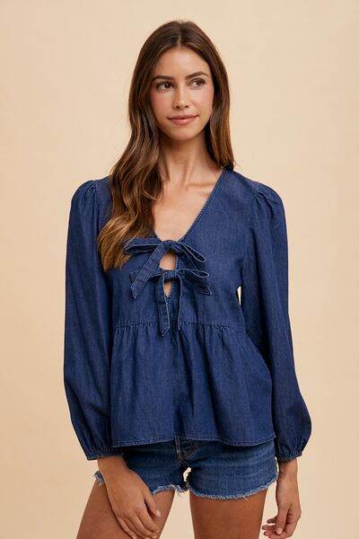 Annie Wear Tie Front Peplum Long Sleeve Denim Top - Hovatok