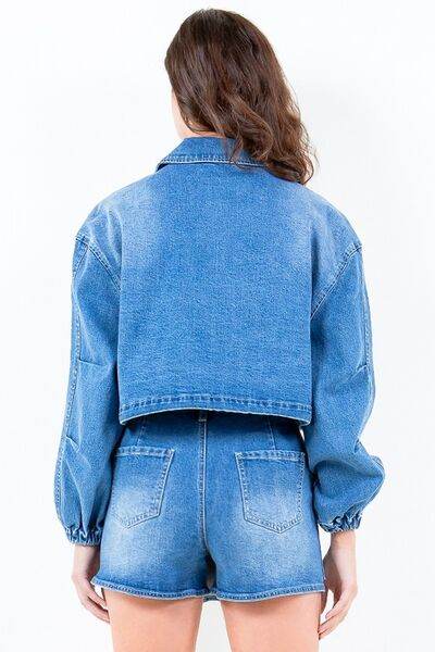 American Bazi Full Size Drop Shoulder Cropped Denim Jacket with Waist Strap Plus Size - Hovatok