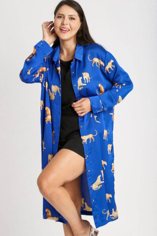 Umgee Full Size Animal Print Button Down Midi Shirt Dress Plus Size - Hovatok