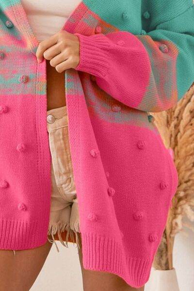 BiBi Color Block Ponpon Sweater Cardigan - Hovatok