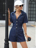 Collared Neck Short Sleeve Denim Romper with Pockets - Hovatok