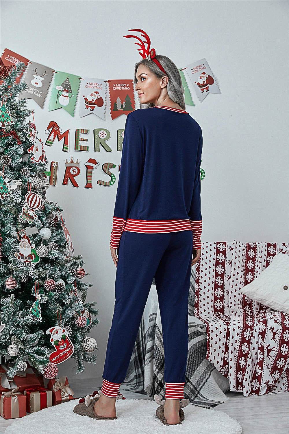 Striped Trim Letter Graphic Round Neck Top and Pants Set - Hovatok