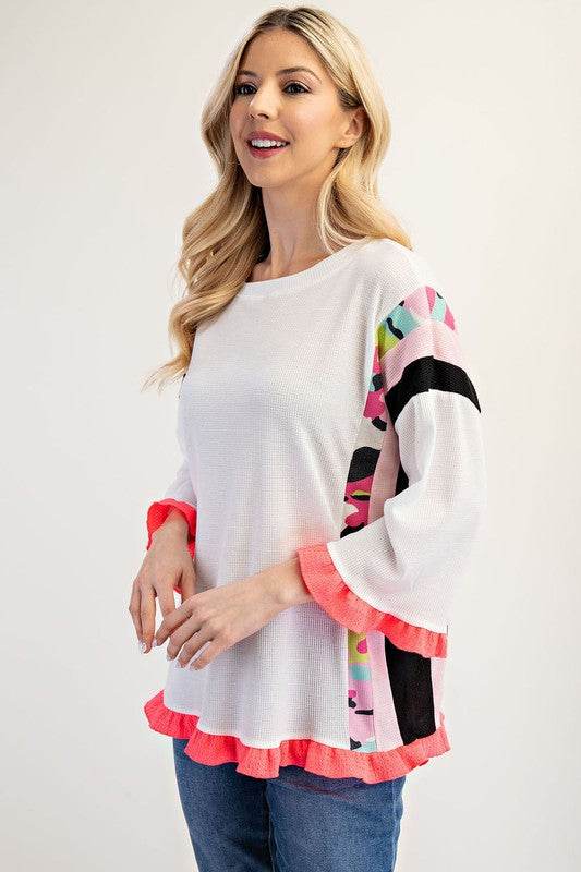 Celeste Full Size Ruffle Sleeve Color Block Top Plus Size - Hovatok