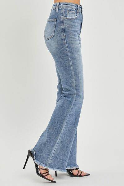 RISEN Full Size High Waist Raw Hem Flare Jeans - Hovatok