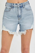 RISEN High Rise Side Step Hem Denim Shorts - Hovatok
