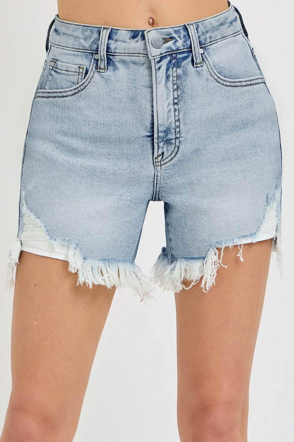 RISEN High Rise Side Step Hem Denim Shorts - Hovatok