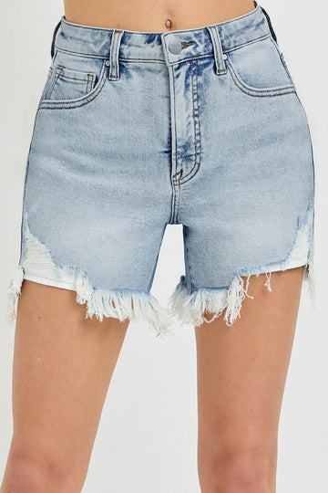RISEN High Rise Side Step Hem Denim Shorts - Hovatok