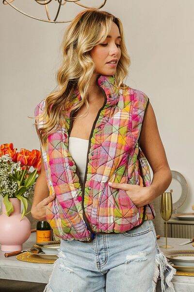 BiBi Quilted Washed Plaid Snap Down Vest - Hovatok