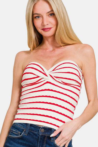Zenana Twisted Sweetheart Neck Striped Tube Top - Hovatok