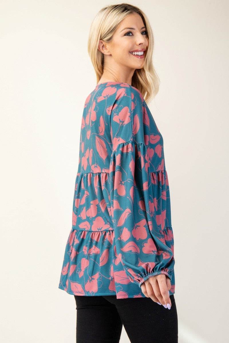 Celeste Full Size Tiered Floral V-Neck Long Sleeve Blouse - Hovatok