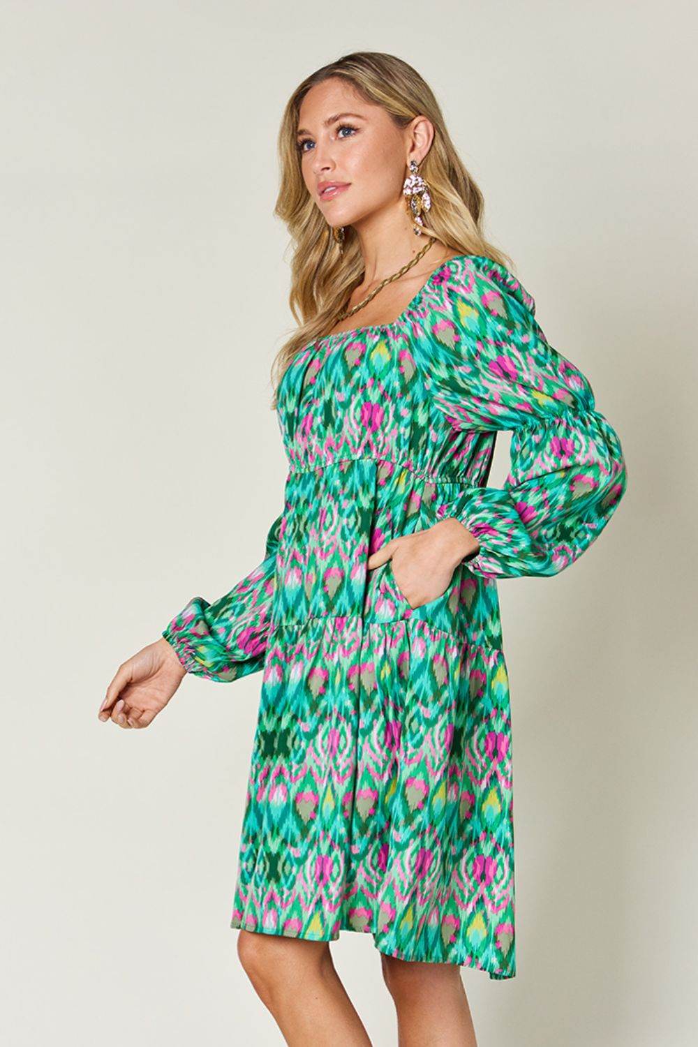 Double Take Full Size Printed Long Sleeve Dress - Hovatok