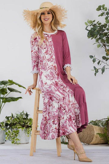 Celeste Full Size Contrast Tie Dye Ruffled Midi Dress Plus Size - Hovatok