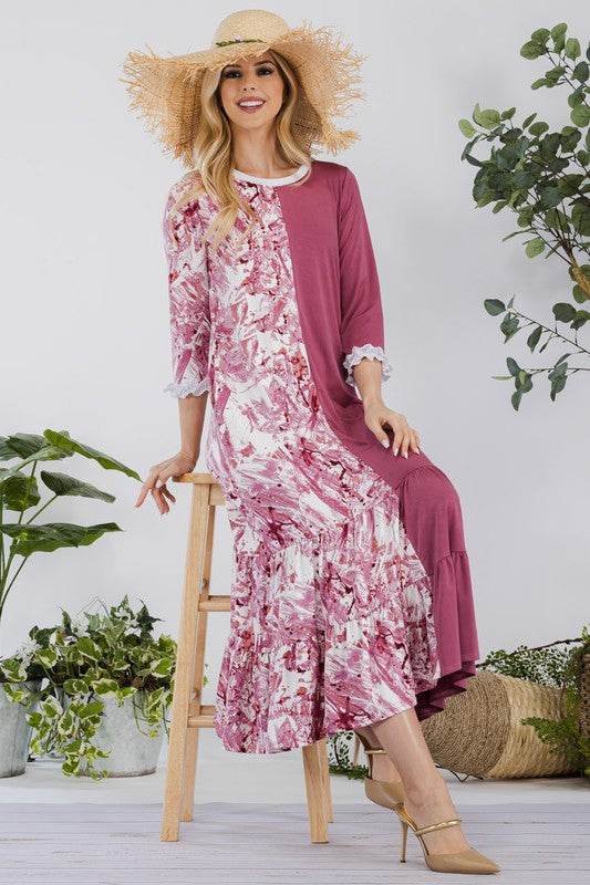 Celeste Full Size Contrast Tie Dye Ruffled Midi Dress Plus Size - Hovatok