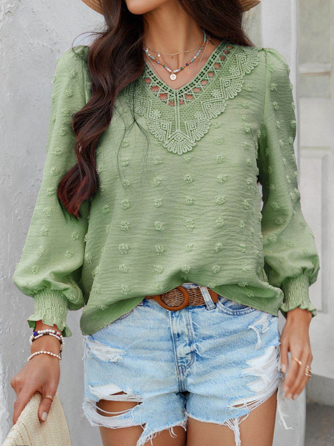 Devine Swiss Dot Lace Detail V-Neck Long Sleeve Blouse - Hovatok