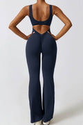 Basic Bae Cutout Ruched Bootcut Sleeveless Active Jumpsuit - Hovatok