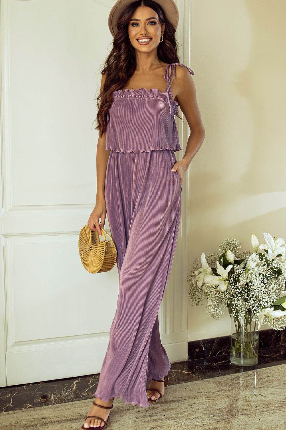 Square Neck Spaghetti Strap Jumpsuit - Hovatok