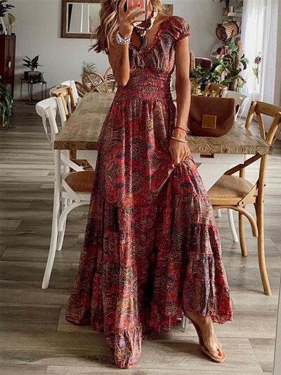 Full Size Smocked Printed V-Neck Short Sleeve Dress - Hovatok