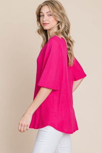 BOMBOM Round Neck Waffle Knit T-Shirt - Hovatok