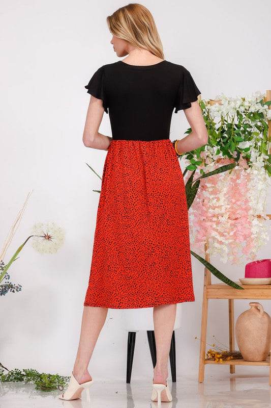 Celeste Full Size Two Tone Animal Print Flutter Sleeve Midi Dress Plus Size - Hovatok