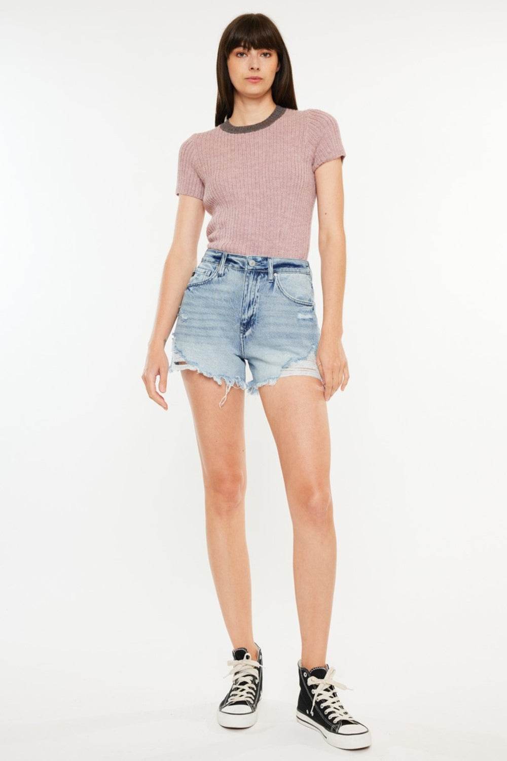 Kancan Distressed High Waist Denim Shorts with Pockets - Hovatok