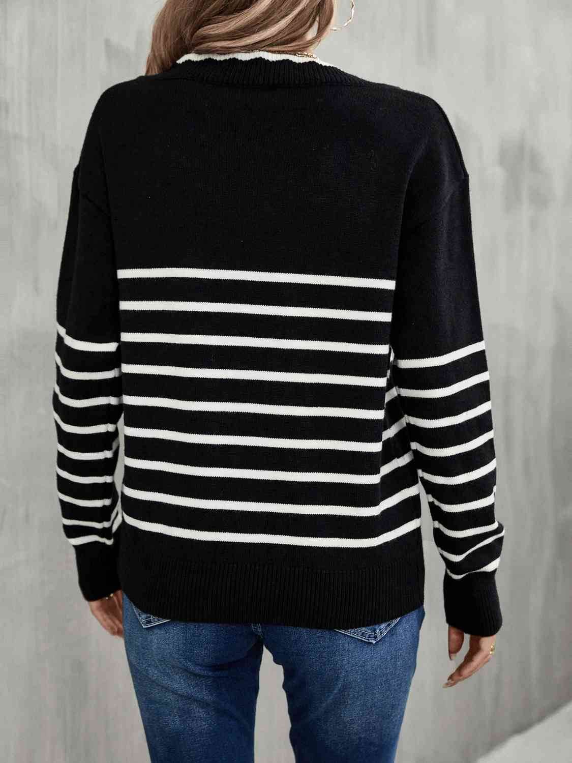 Angel Wings Striped V-Neck Drop Shoulder Sweater - Hovatok