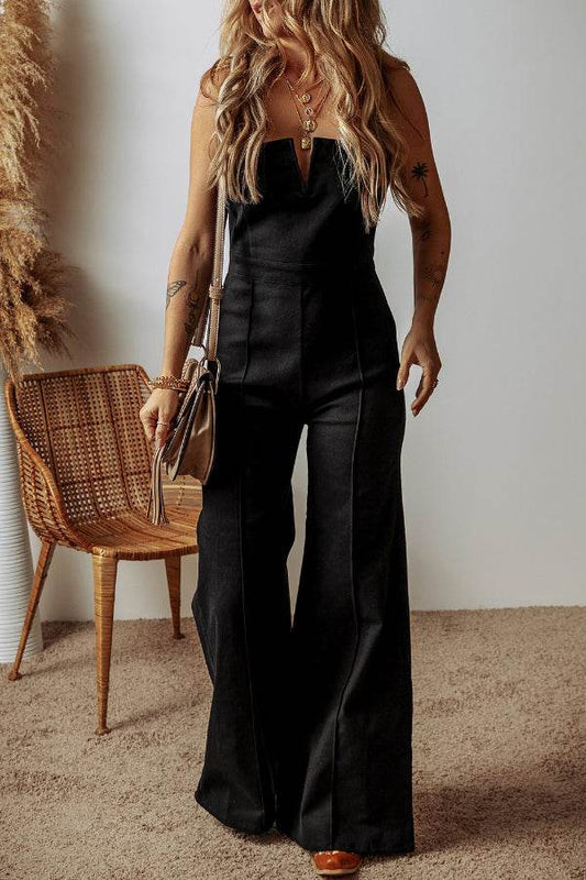 Spaghetti Straps Flare Denim Jumpsuit - Hovatok