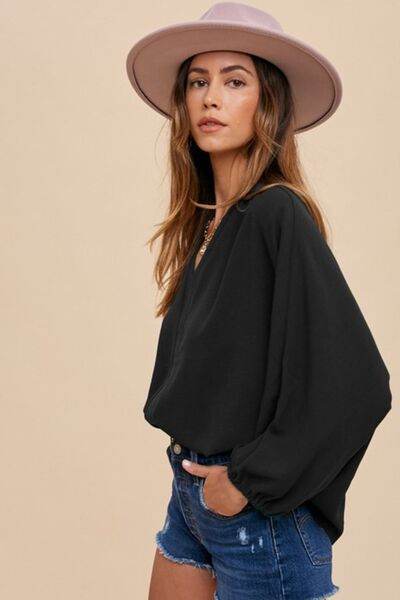 Annie Wear Notched Batwing Sleeve Blouse - Hovatok
