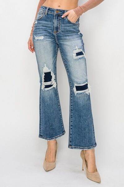 Risen Full Size High Rise Distressed Ankle Flare Jeans - Hovatok