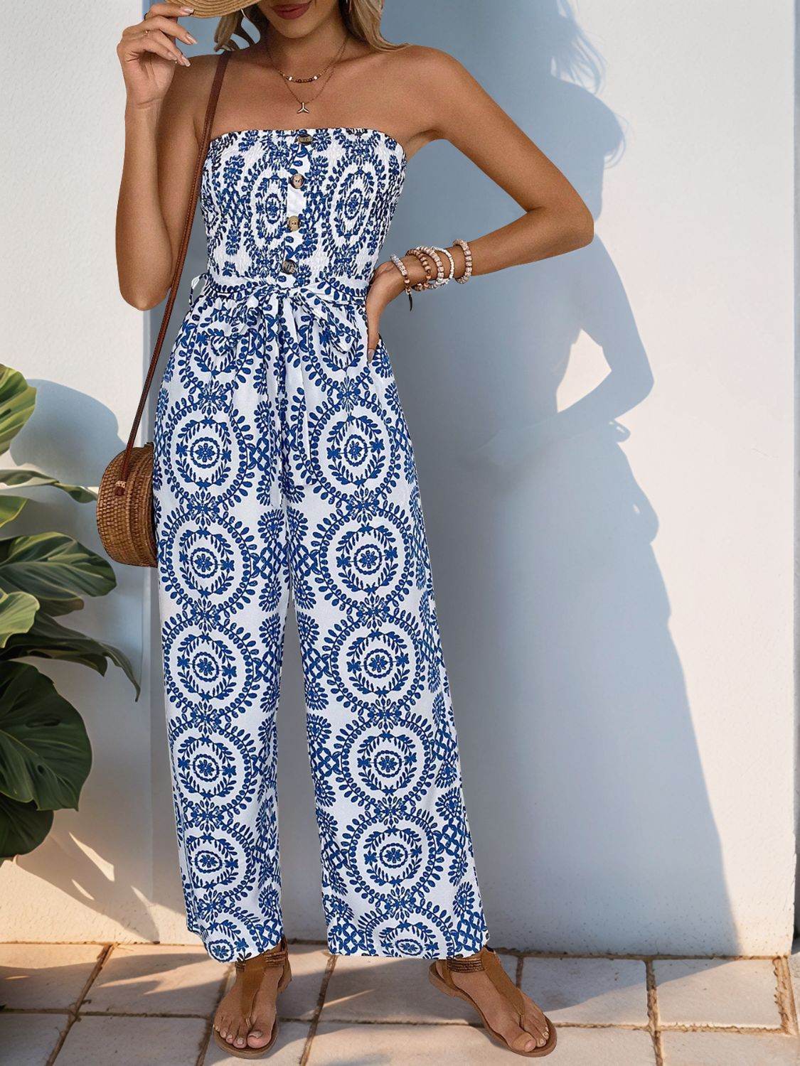 Perfee Smocked Tube Wide Leg Jumpsuit - Hovatok