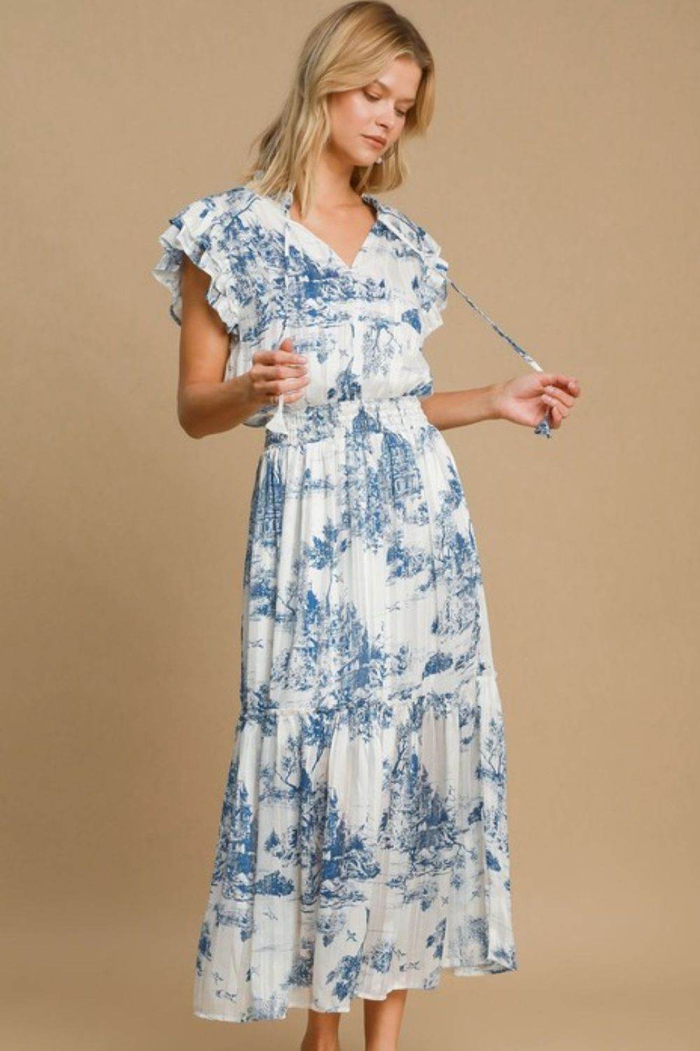 Umgee Full Size Two Tone Landscape Print Midi Dress Plus Size - Hovatok