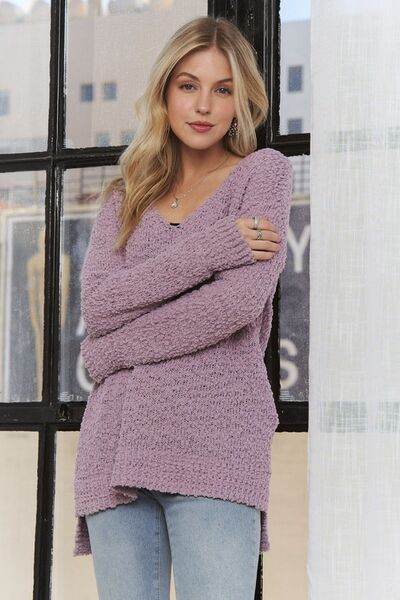 ADORA High-Low Side Slit V-Neck Sweater - Hovatok